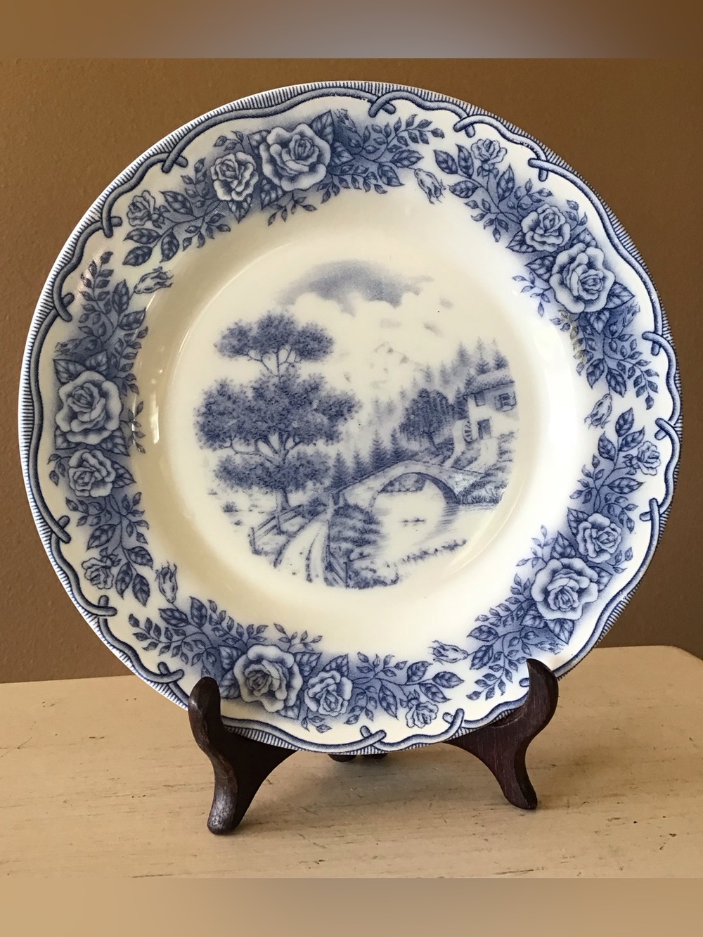 Vintage Rivanel Blue Country Scene Porcelain Milk Glass Plate FRANCE